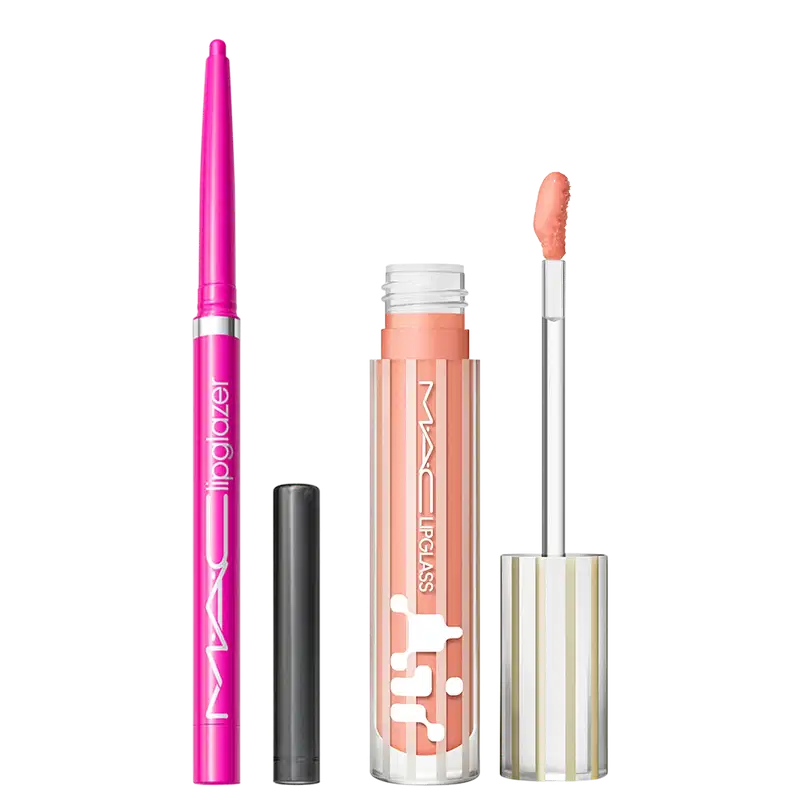 Kit M.A.C Lipglass Airshine Behaved + Lipglazer Glossy Liner Candy Yum Yum, 2 produtos.