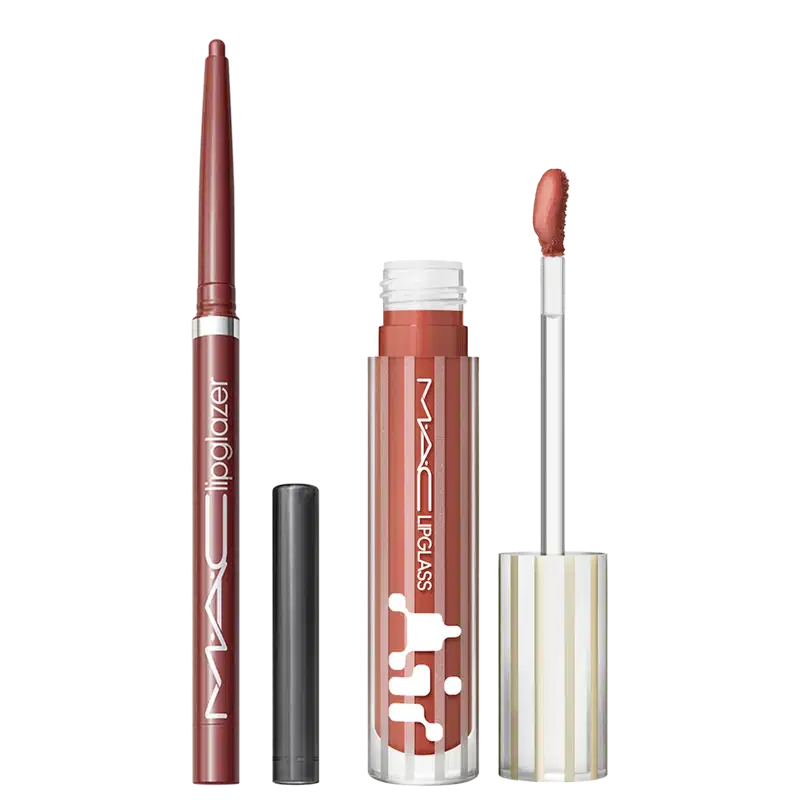 Kit M.A.C Lipglass Airshine Casual + Lipglazer Glossy Liner Whirlin, 2 produtos.