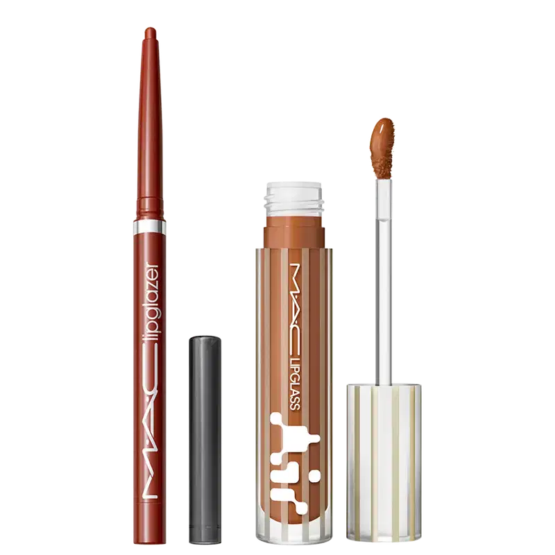 Kit M.A.C Lipglass Airshine Instinct + Lipglazer Glossy Liner Marrakesh, 2 produtos.