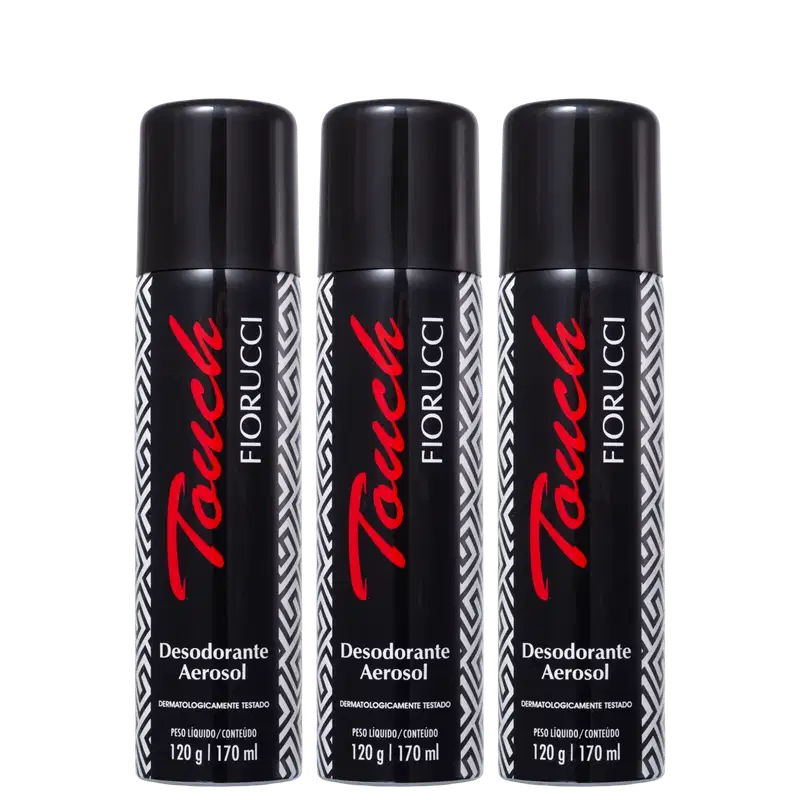 Três frascos de desodorante aerossol da marca Fiorucci, com embalagem preta e vermelha, exibindo o nome da marca em destaque. Os frascos possuem 170 ml de conteúdo líquido.