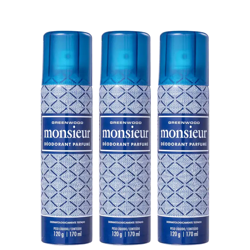 Três frascos de desodorante perfumado Monsieur da marca Greenwood, com embalagem azul e branca, apresentando um padrão geométrico. Cada frasco contém 170 ml do produto.