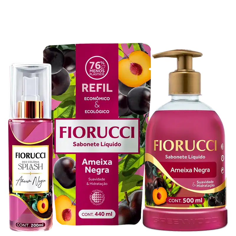 Produtos Fiorucci: Deo Colônia Splash Ameixa Negra 200ml, Sabonete Líquido Ameixa Negra 440ml e 500ml, em embalagens com cores rosa e verde, destacando a fragrância e hidratação.