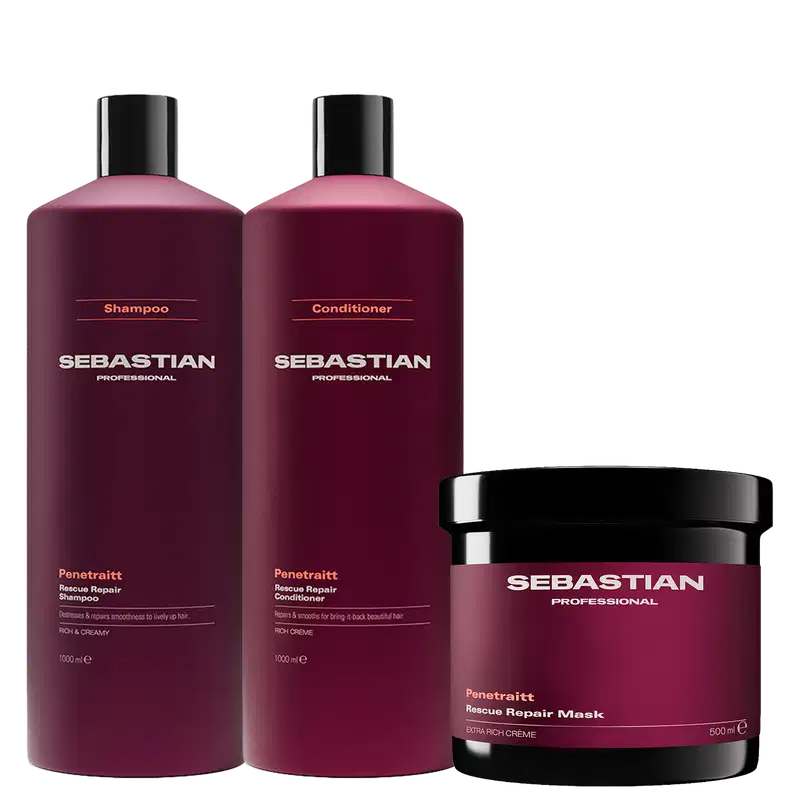 Três produtos da marca Sebastian Professional: shampoo, condicionador e máscara de tratamento, em embalagens de plástico preto e vermelho escuro, com rótulos destacando os nomes da marca e do produto.