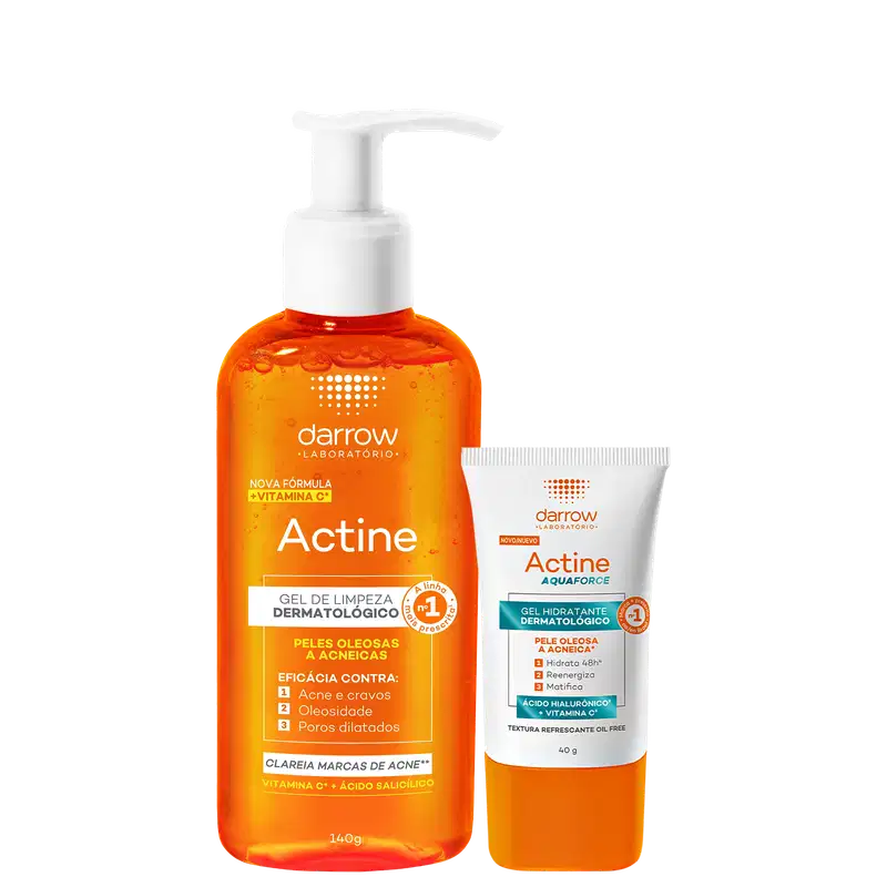 Dois produtos da marca Darrow: um gel de limpeza dermatológico Actine com fórmula de vitamina C, e um gel hidratante dermatológico Actine Aquaforce, ambos em embalagens laranja e branca com rótulos detalhados.