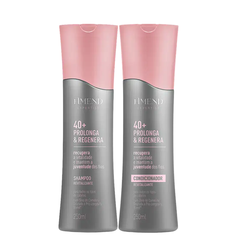 Dois frascos de shampoo e condicionador da linha Amend Expertise 40+ Prolonga & Regenera, com embalagens rosa e cinza, contendo 250ml cada, com informações sobre os benefícios do produto.