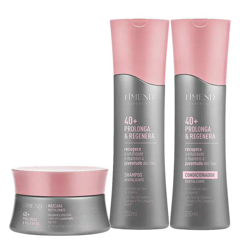 Três produtos da linha Amend Expertise 40+ Prolonga & Regenera: um frasco de shampoo revitalizante, um frasco de condicionador revitalizante e um pote de máscara revitalizante, todos em tons de rosa e cinza.