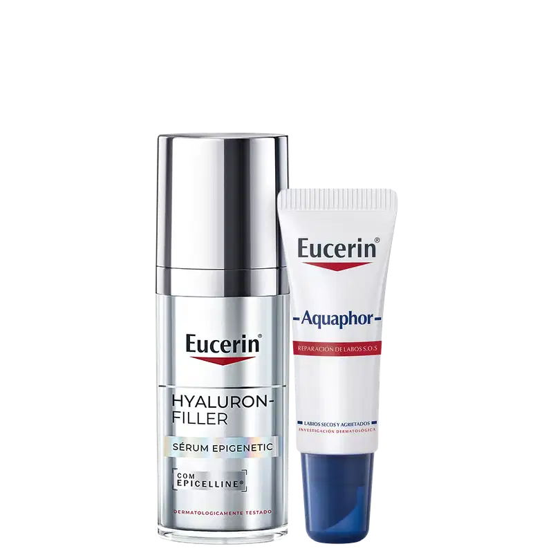 O produto Eucerin apresenta um frasco de soro Hyaluron-Filler com embalagem prateada e um tubo de creme Aquaphor com embalagem branca e azul. Ambos os produtos exibem o logotipo da marca Eucerin.