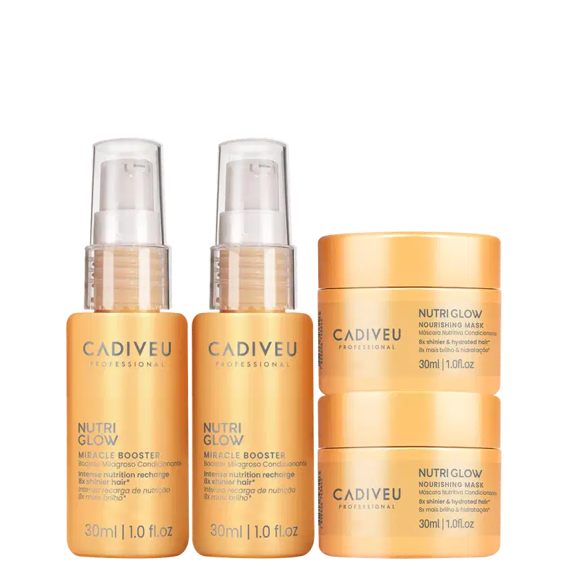 Dois frascos de 30ml do Nutri Glow Miracle Booster da Cadiveu Professional e dois potes de 30ml da Nutri Glow Nourishing Mask da Cadiveu Professional, todos em embalagens com cores predominantes de laranja e dourado.