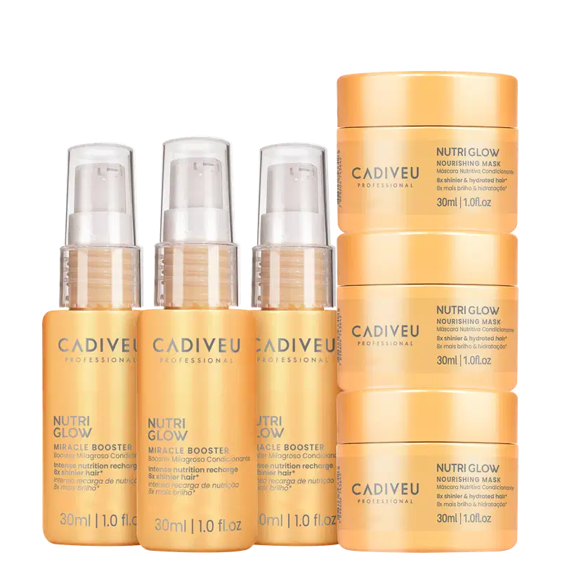 Três frascos de Nutri Glow Miracle Booster da marca Cadiveu Professional, acompanhados de três potes de máscara condicionadora Nutri Glow da mesma marca, com 30ml cada