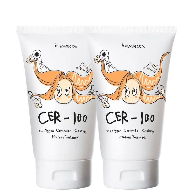 A imagem mostra duas unidades da máscara da marca Elizavecca: tubo branco com ilustração de personagem e texto "CER-100 Collagen Ceramide Coating Protein Treatment".