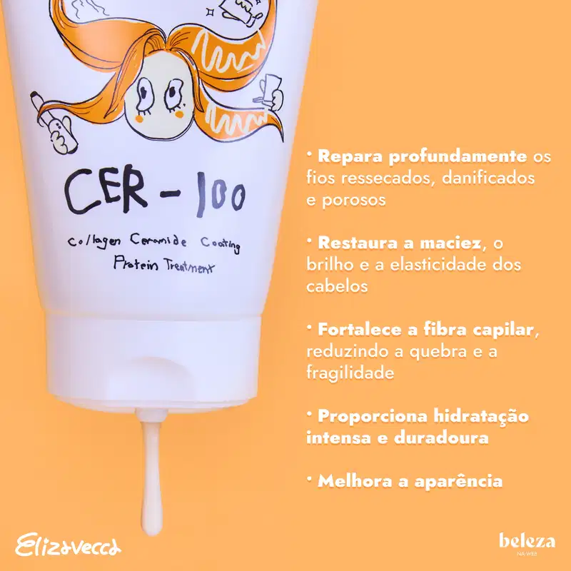 Texto na imagem: Repara profundamente os fios ressecados, danificados e porosos. Restaura a maciez, o brilho e a elasticidade dos cabelos. Fortalece a fibra capilar, reduzindo a quebra e a fragilidade. Proporciona hidratação intensa e duradoura.