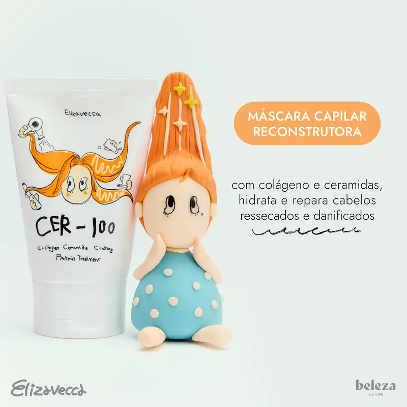 Texto na imagem: Máscara capilar reconstrutora com colágeno e ceramidas, hidrata e repara cabelos ressecados e danificados.