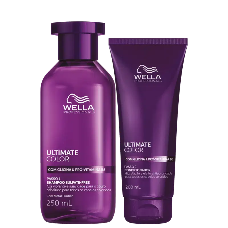 Produtos da linha Ultimate Color da Wella Professionals, incluindo um frasco de shampoo sulfate-free de 250 ml e um condicionador de 200 ml, ambos em embalagens de cor roxa com o logotipo da marca.