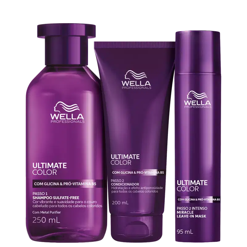 Produtos da linha Ultimate Color da Wella Professionals, incluindo shampoo sulfate-free, condicionador e máscara leave-in, em embalagens de plástico com predominância da cor roxa.