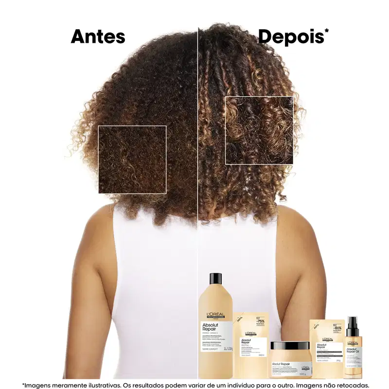 Produtos de tratamento de cabelo da linha Absolut Repair da L'Oréal Professionnel, incluindo shampoo, máscara e óleo, em embalagens de cores claras e neutras.