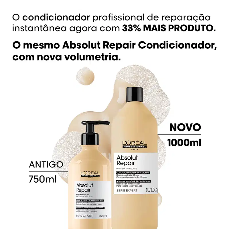 O shampoo profissional de reparação instantânea da L'Oréal Professionnel, Absolut Repair, com nova fórmula e volumetria, disponível em embalagens de 750ml e 1000ml.