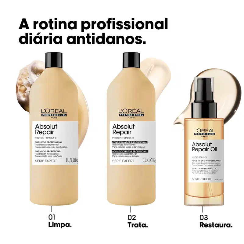 Três produtos da linha Absolut Repair da L'Oréal Professionnel: shampoo, condicionador e óleo capilar em embalagens de plástico e vidro com design preto e dourado.