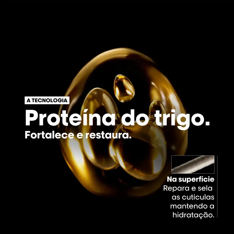 A tecnologia Proteína do trigo. Fortalece e restaura. Na superfície repara e sela as cutículas mantendo a hidratação.