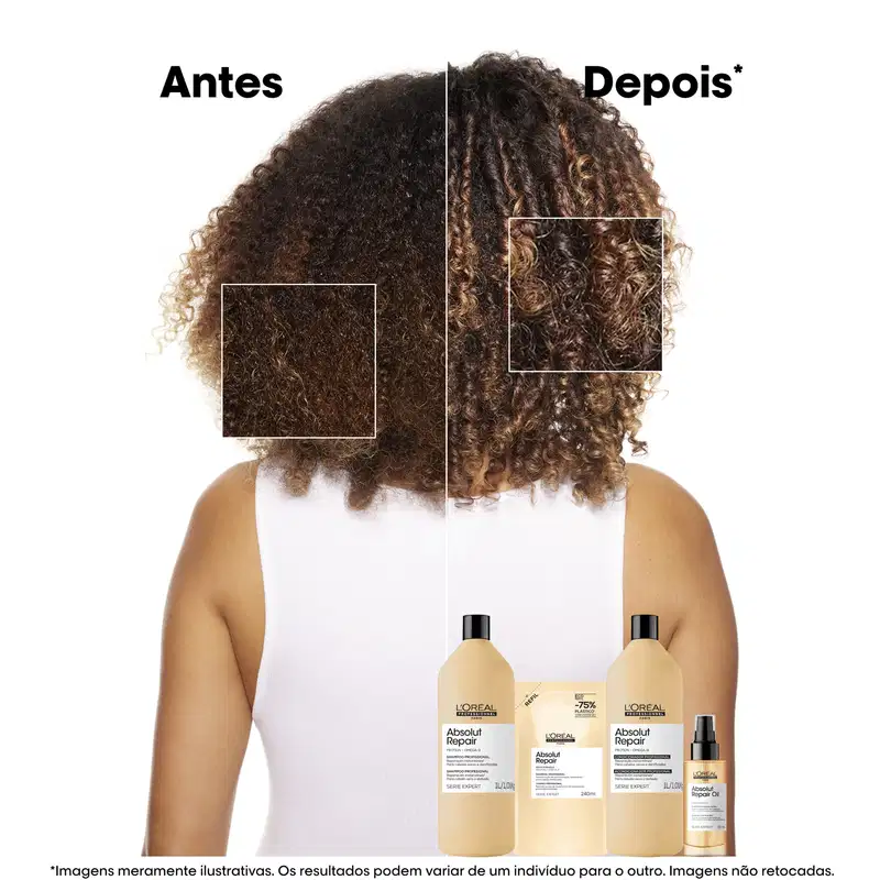 O produto de beleza da L'Oréal Professionnel apresenta dois frascos de shampoo e condicionador da linha Absolut Repair, além de um frasco de óleo reparador, em embalagens com cores claras e predominância de branco e amarelo.