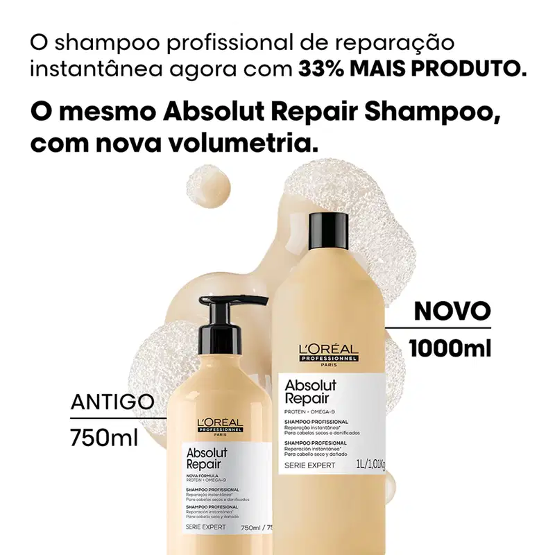 O shampoo profissional de reparação instantânea da L'Oréal Professionnel, Absolut Repair, com nova fórmula e volumetria, disponível em embalagens de 750ml e 1000ml.