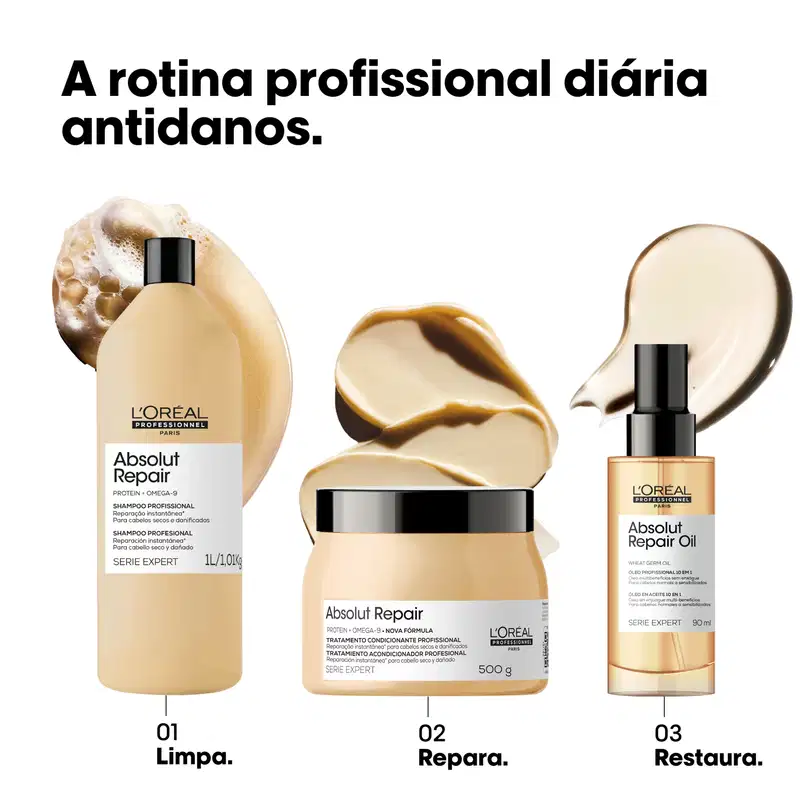 Shampoo, tratamento condicionante e óleo de reparação da linha Absolut Repair da L'Oréal Professionnel, com embalagens em tons de bege e preto, destacando os benefícios de limpeza, reparação e restauração dos cabelos.