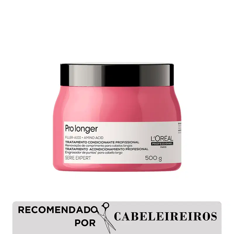 Tratamento condicionante profissional Pro longer da L'Oréal Professionnel, em embalagem rosa de 500g, com rótulo informando sobre a renovação do comprimento dos cabelos.