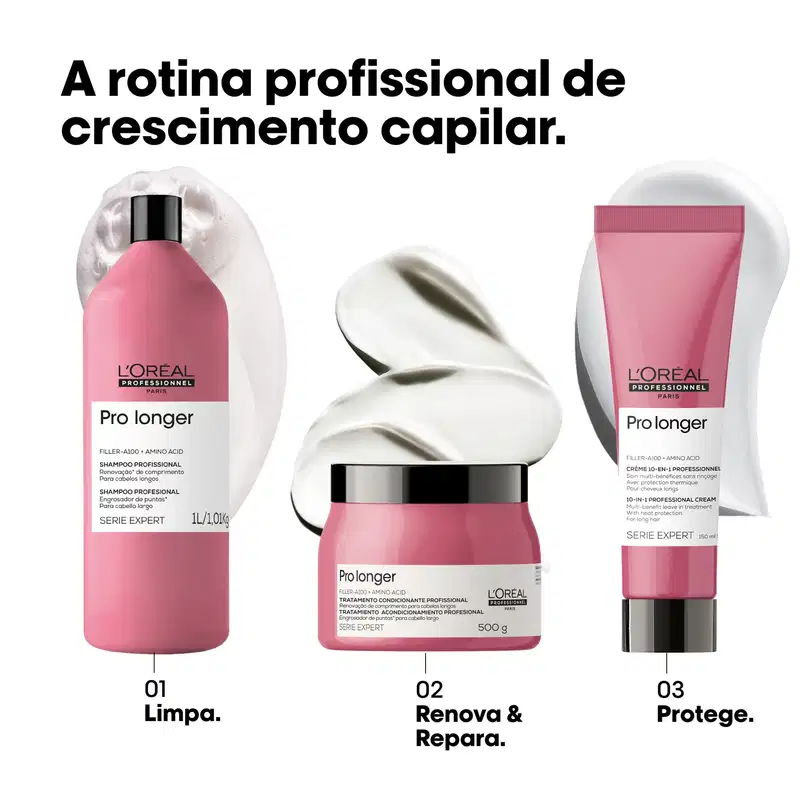 A linha de produtos profissionais da L'Oréal Paris chamada Pro Longer, composta por shampoo, tratamento condicionante e creme para cabelos, em embalagens rosa e brancas com detalhes em preto.