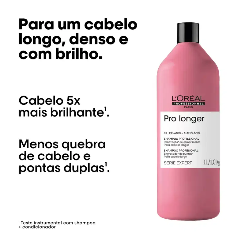 Frasco rosa da linha Pro Longer da L'Oréal Professionnel, com rótulo destacando benefícios para cabelos longos, densos e brilhantes. Texto menciona aumento de 5x no brilho e menos quebra de cabelo.