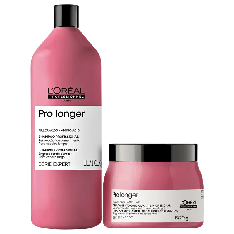Produtos da linha Pro Longer da L'Oréal Professionnel, incluindo um frasco de shampoo e um pote de tratamento condicionante, ambos em embalagens rosa e preta com detalhes em branco.