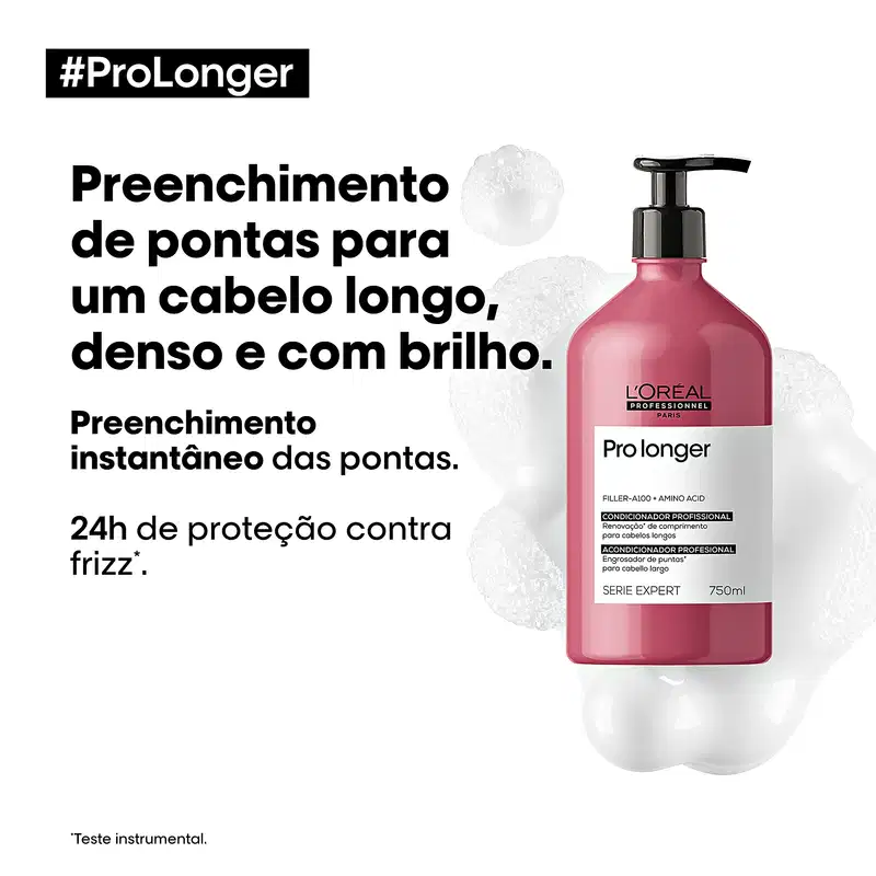 O produto é um condicionador profissional da linha Pro Longer da L'Oréal Professionnel, em embalagem plástica rosa com bomba dosadora preta, com informações sobre o preenchimento instantâneo das pontas.