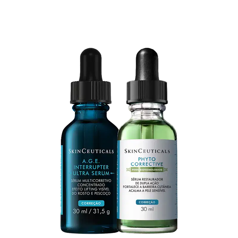 Dois frascos com contagotas SkinCeuticals: A.G.E. Interrupter Ultra Serum (azul, 30ml) e Phyto Corrective (verde, 30ml). Embalagens com rótulos brancos e tampas pretas rosqueáveis.