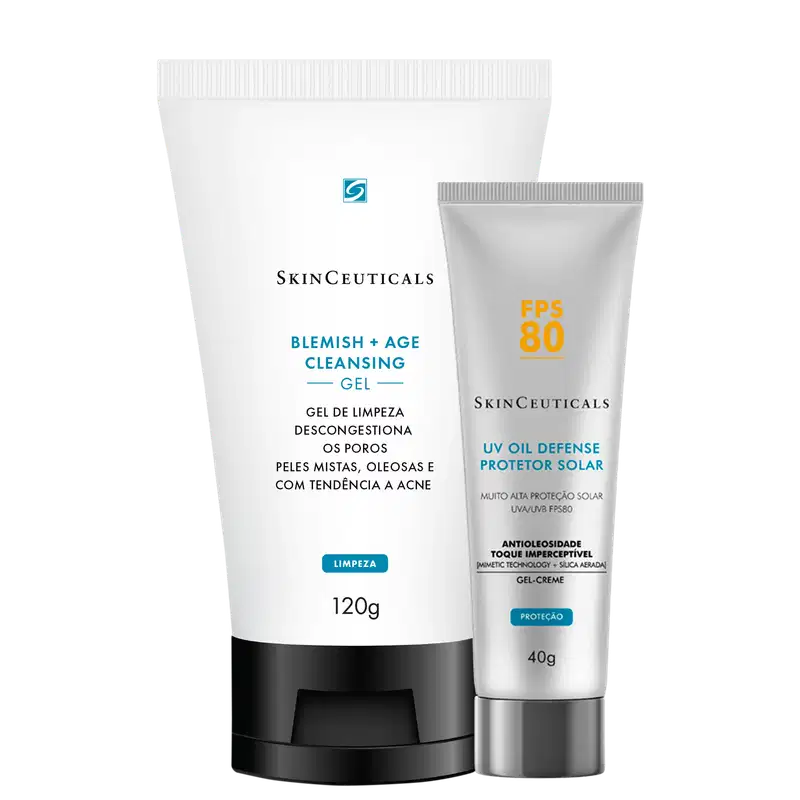 Dois produtos SkinCeuticals: gel de limpeza Blemish + Age 120g em tubo branco com tampa preta, e protetor solar UV Oil Defense FPS 80 40g em tubo branco com detalhes prateados.