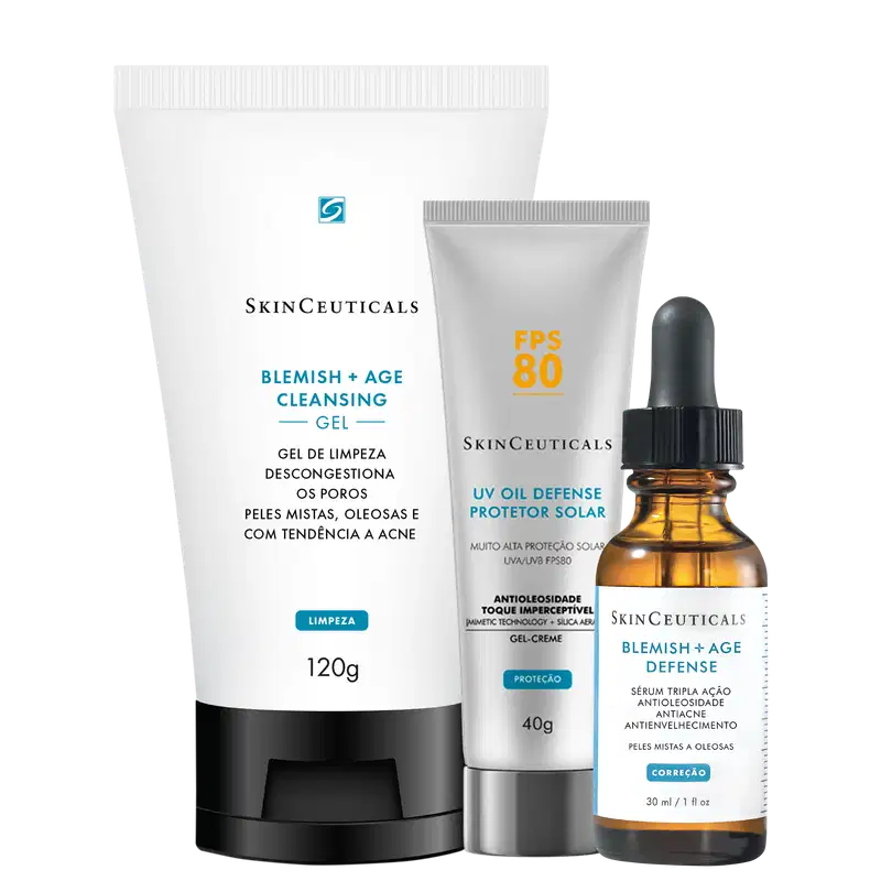 Kit SkinCeuticals com três produtos: gel de limpeza 120g, protetor solar FPS 80 40g e sérum defense 30ml. Embalagens brancas, cinzas e frasco âmbar com aplicador conta-gotas.