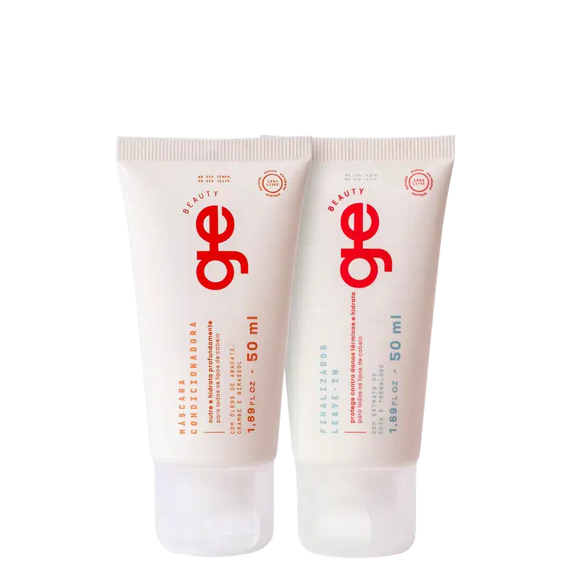 Kit GE Beauty com duas embalagens brancas e tampas translúcidas. Design minimalista com logo "ge" em destaque central.