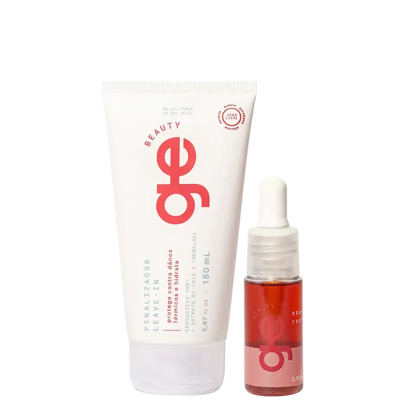 Conjunto GE Beauty com tubo branco de 150ml e frasco com conta-gotas vermelho de 0,50ml. Embalagens com logo circular vermelho, textos em português e design minimalista em tons brancos e vermelhos.