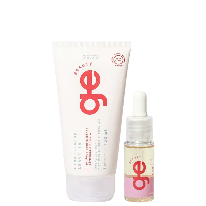 Conjunto GE Beauty com tubo branco de 150ml para tratamento capilar e frasco com conta-gotas. Embalagens com logo vermelho, textos em português sobre propriedades anti-envelhecimento e extrato de chá verde.