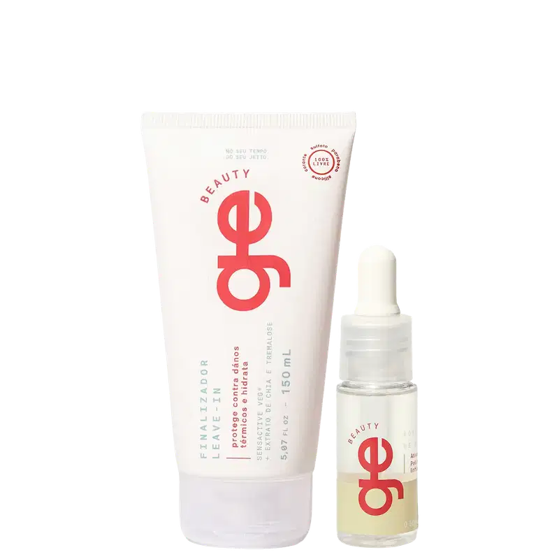 Conjunto GE Beauty com tubo branco e frasco com conta-gotas transparente. Embalagens com logo vermelho, texto em português.