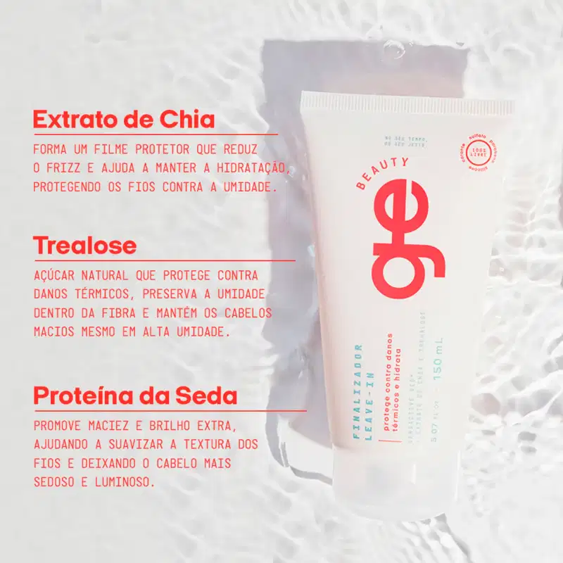 Extrato de Chia: Forma um filme protetor que reduz o frizz e ajuda a manter a hidratação.
Trealose: Açúcar natural que protege contra danos térmicos.

Proteína da Seda: Promove maciez e brilho extra, ajudando a suavizar a
