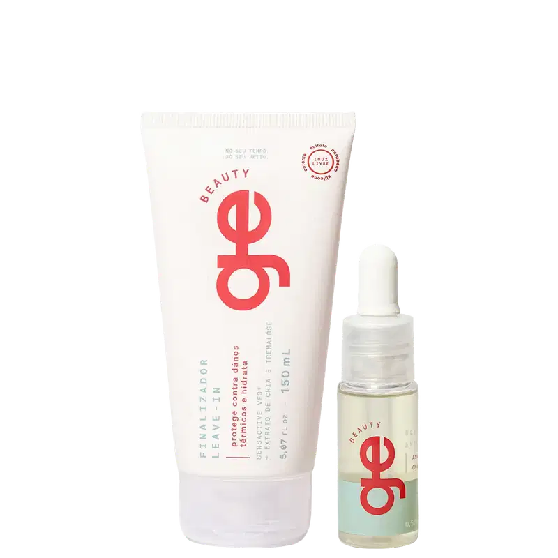 Conjunto GE Beauty com dois produtos: tubo branco de 150ml com logo vermelho e texto "Finalizador Leave-in" e frasco com conta-gotas de 15ml com logo vermelho. Embalagens em tons brancos, vermelhos e verde-água.
