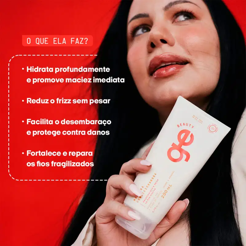 Tubo branco GE Beauty com logo coral, 200ml. Embalagem minimalista com detalhes em tons de pêssego. Produto para hidratação profunda, redução de frizz e fortalecimento capilar.