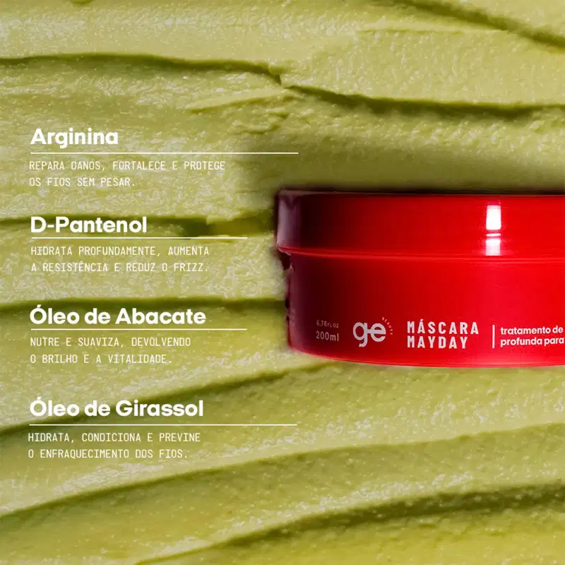 Máscara Mayday da GE Beauty em embalagem vermelha sobre fundo texturizado verde-amarelado, apresentando ingredientes naturais como arginina, D-Pantenol, óleo de abacate e óleo de girassol para tratamento profundo capilar.