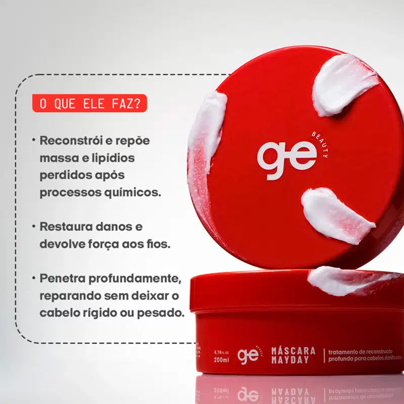Máscara Mayday GE Beauty em embalagem vermelha de 200ml. Produto de tratamento profundo para cabelos danificados. Frasco cilíndrico com aplicador branco e rosa. Rótulo com branding GE em branco.