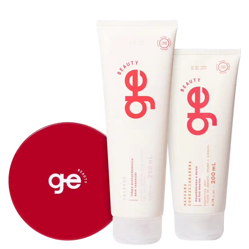 Kit GE Beauty Tratamento Intensivo Trio, 3 produtos. Embalagens brancas, com detalhes em vermelho.