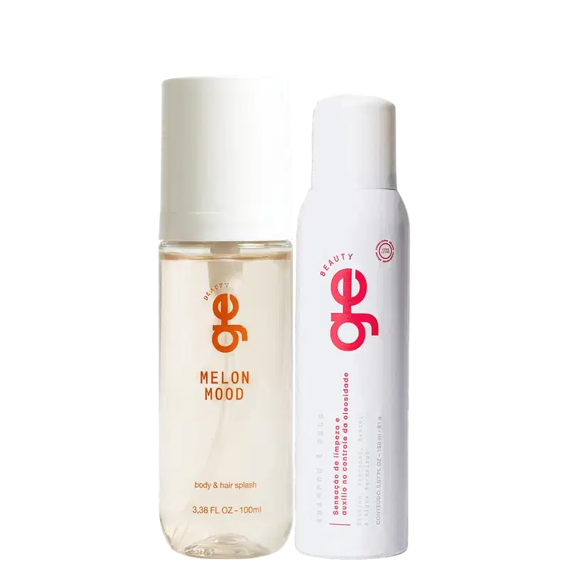 Dois produtos GE Beauty: frasco transparente com tampa branca contendo splash corporal e capilar "Melon Mood" (100ml) e aerossol branco com logo rosa para controle de oleosidade. Embalagens com logotipo "ge" em destaque.