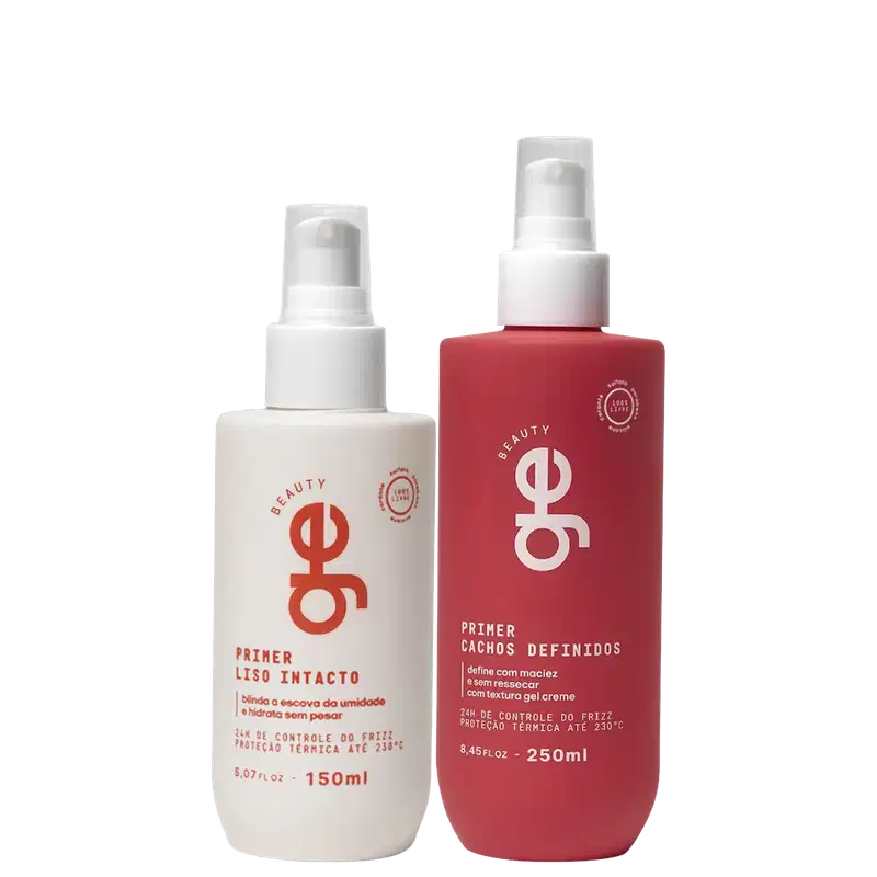 Dois frascos spray GE Beauty: primer branco 150ml para cabelos lisos e primer vermelho 250ml para cachos definidos.