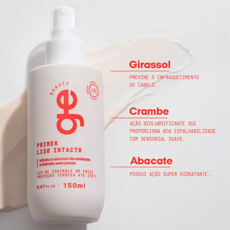Primer Liso Intacto GE Beauty em frasco spray branco de 150ml. Rótulo vermelho com logo "φ" destaca controle de frizz, hidratação e proteção térmica até 230°C.