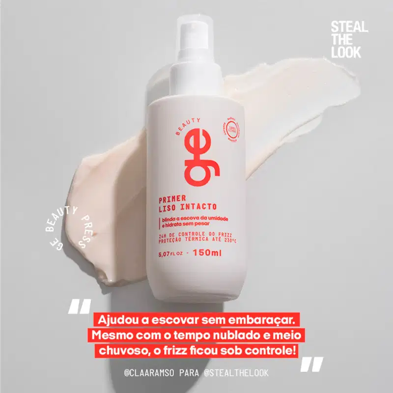 Primer Liso Intacto GE Beauty em frasco spray branco de 150ml. Rótulo vermelho com logo "φ" destaca controle de frizz, hidratação e proteção térmica até 230°C.