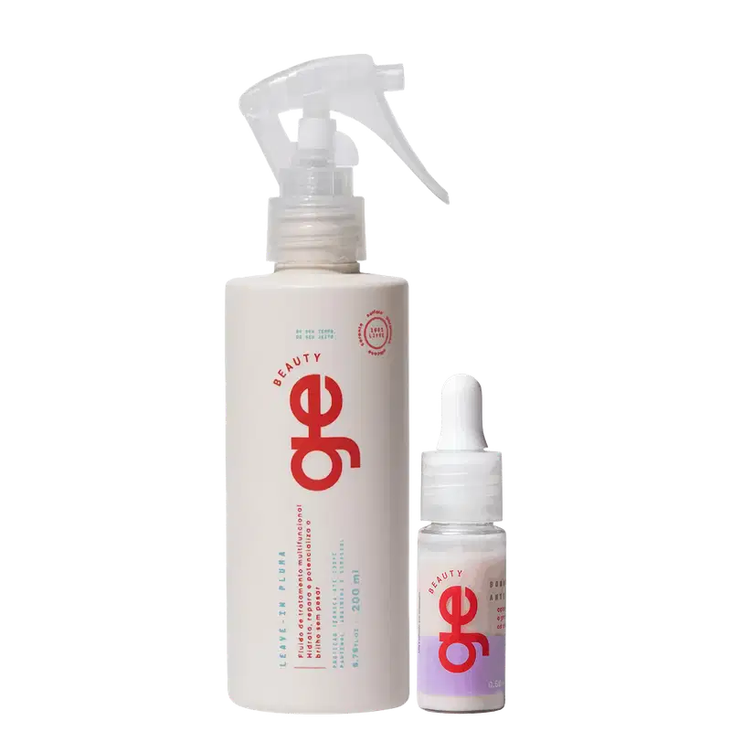 Spray leave-in GE Beauty de 200 ml em frasco branco com gatilho transparente, ao lado de um frasco-conta-gotas de com tampa branca e rótulo lilás. Logo vermelho.