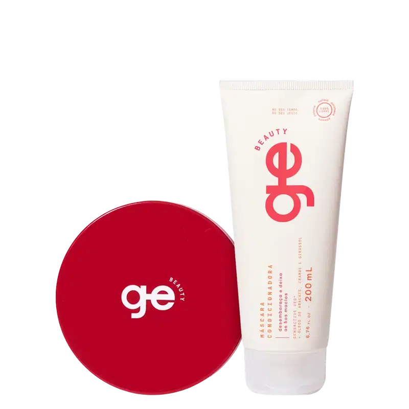 Máscara condicionadora GE Beauty de 200 mL em bisnaga branca com logo vermelho, ao lado de um pote redondo vermelho com tampa e logo branco.