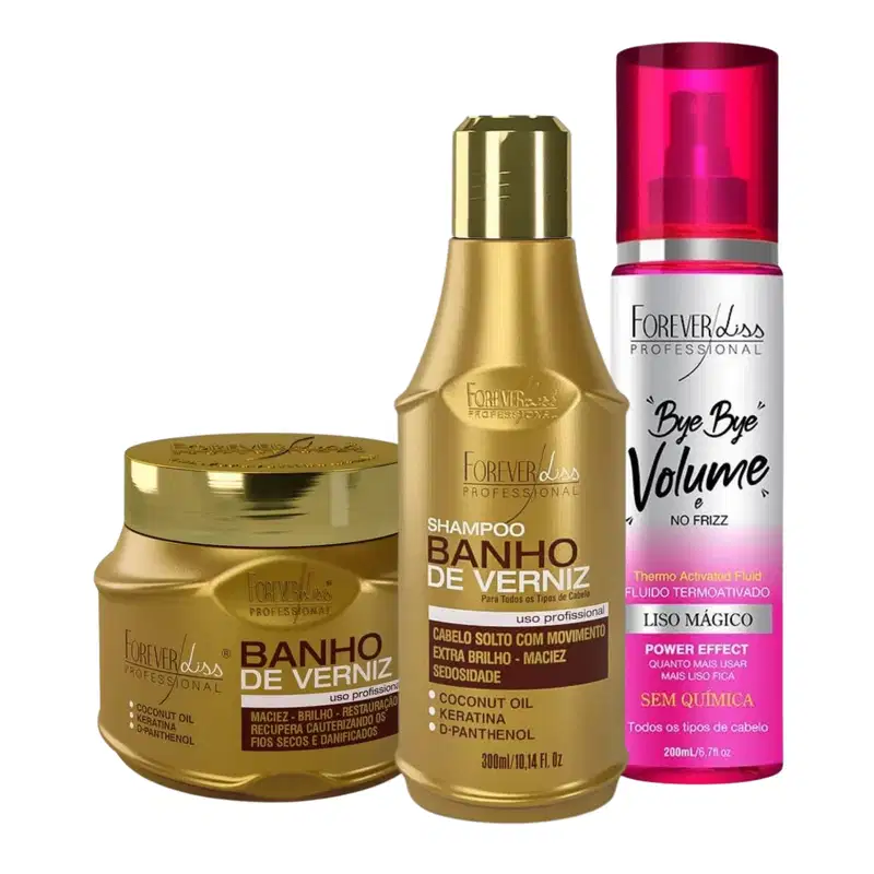 Kit Bye bye e Shampoo Máscara Banho de verniz Forever Liss